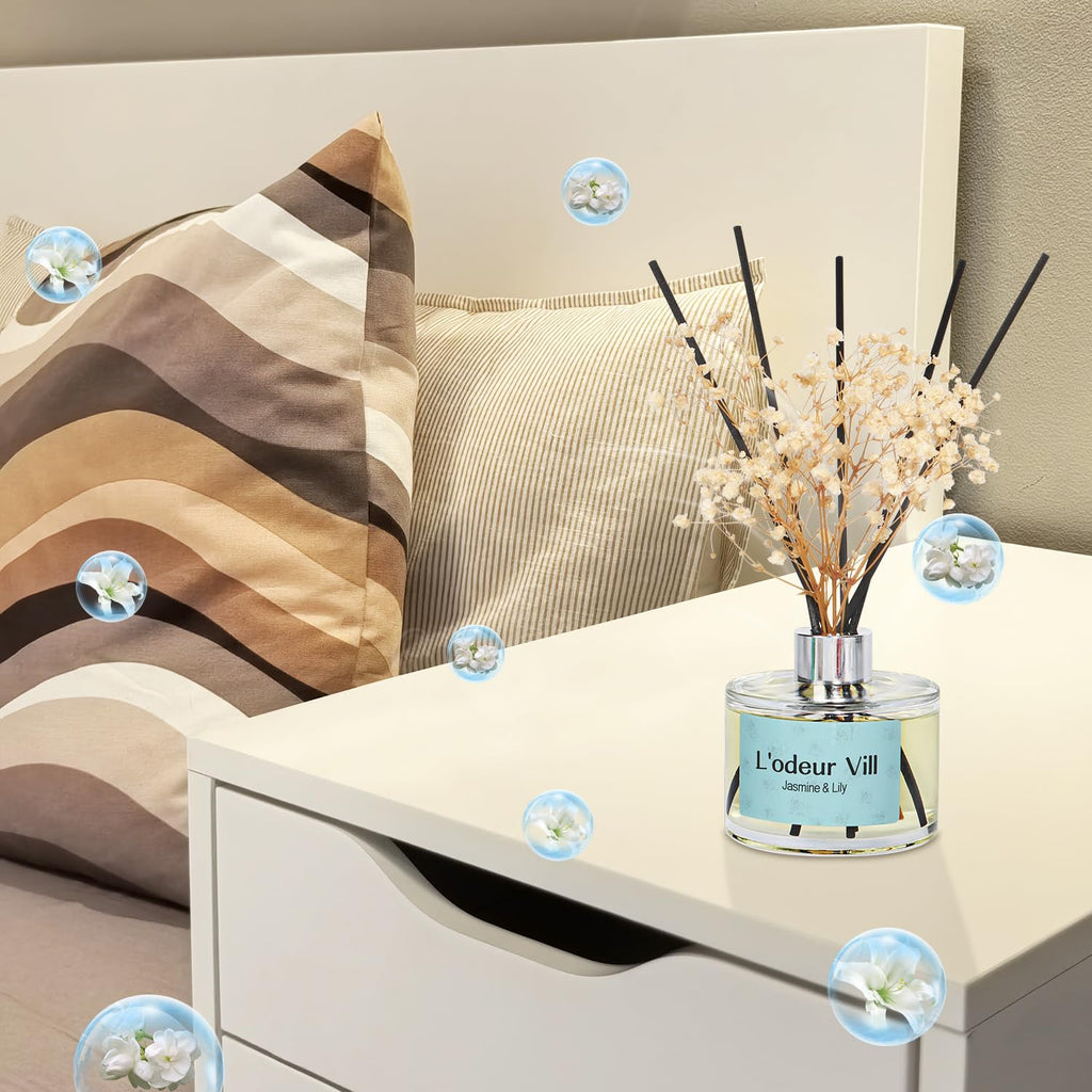 Vill Reed Diffuser Set, 6.7 oz(200ml) Jasmine & Lily Scented Diffuser with 6 Oil Diffuser Sticks, Home Fragrance