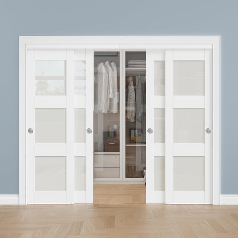 Paintable Sliding Closet Doors, 96" x 80" Bypass Slidng Door Panels with Hardware Kit, 3-Lite Froste