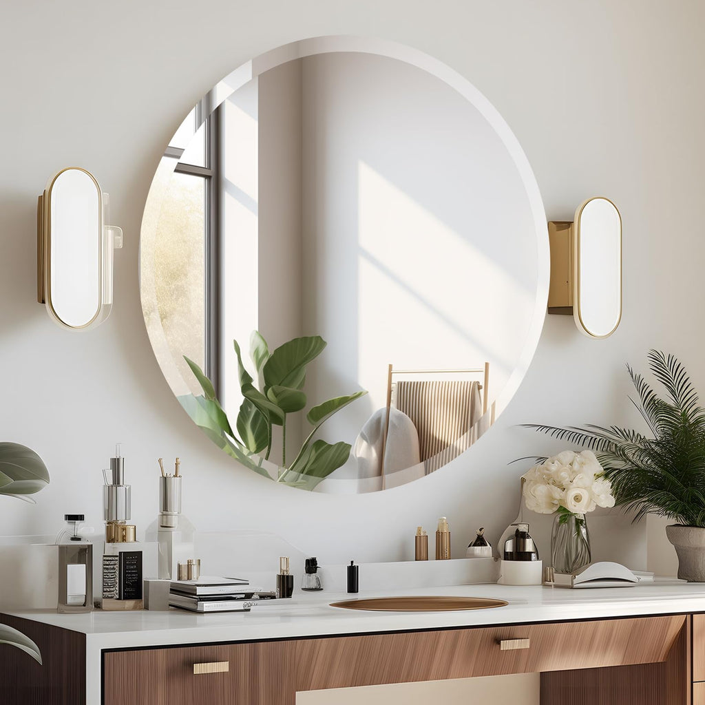 30 Inch Round Frameless Bathroom Mirror, Beveled Round Mirror