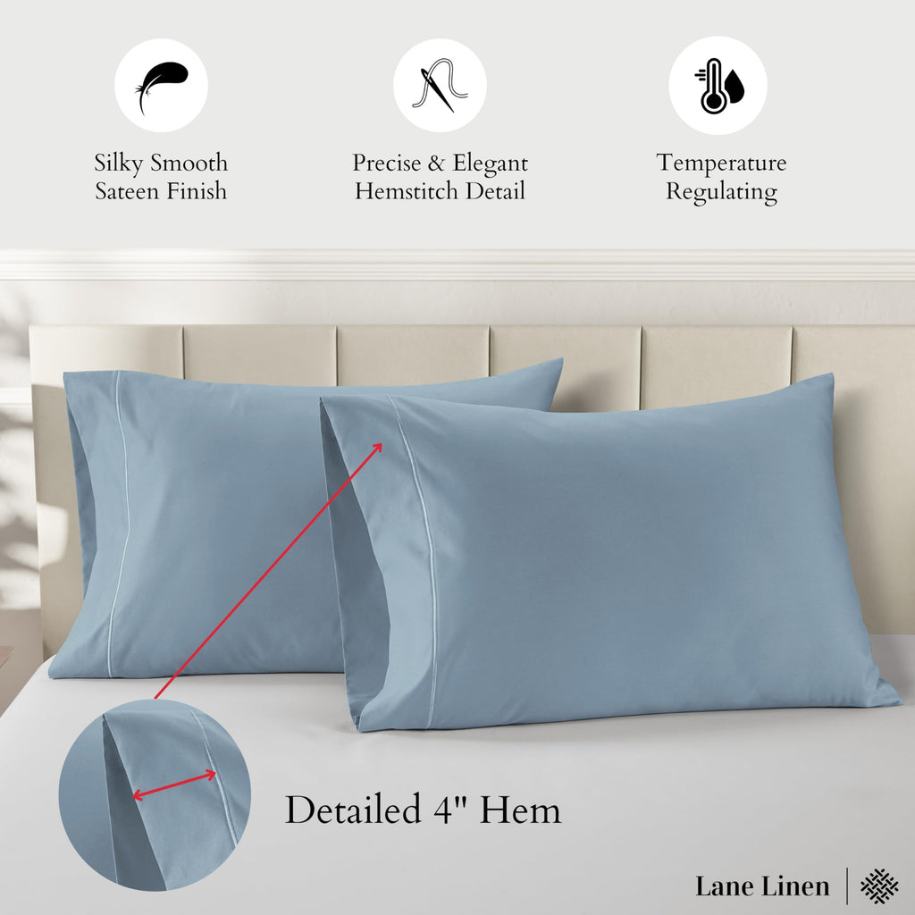 100% Egyptian Cotton Pillow Cases Queen Size Set of 2 (20"x30") - Soft Light Blue Pillow Cases - French Blue
