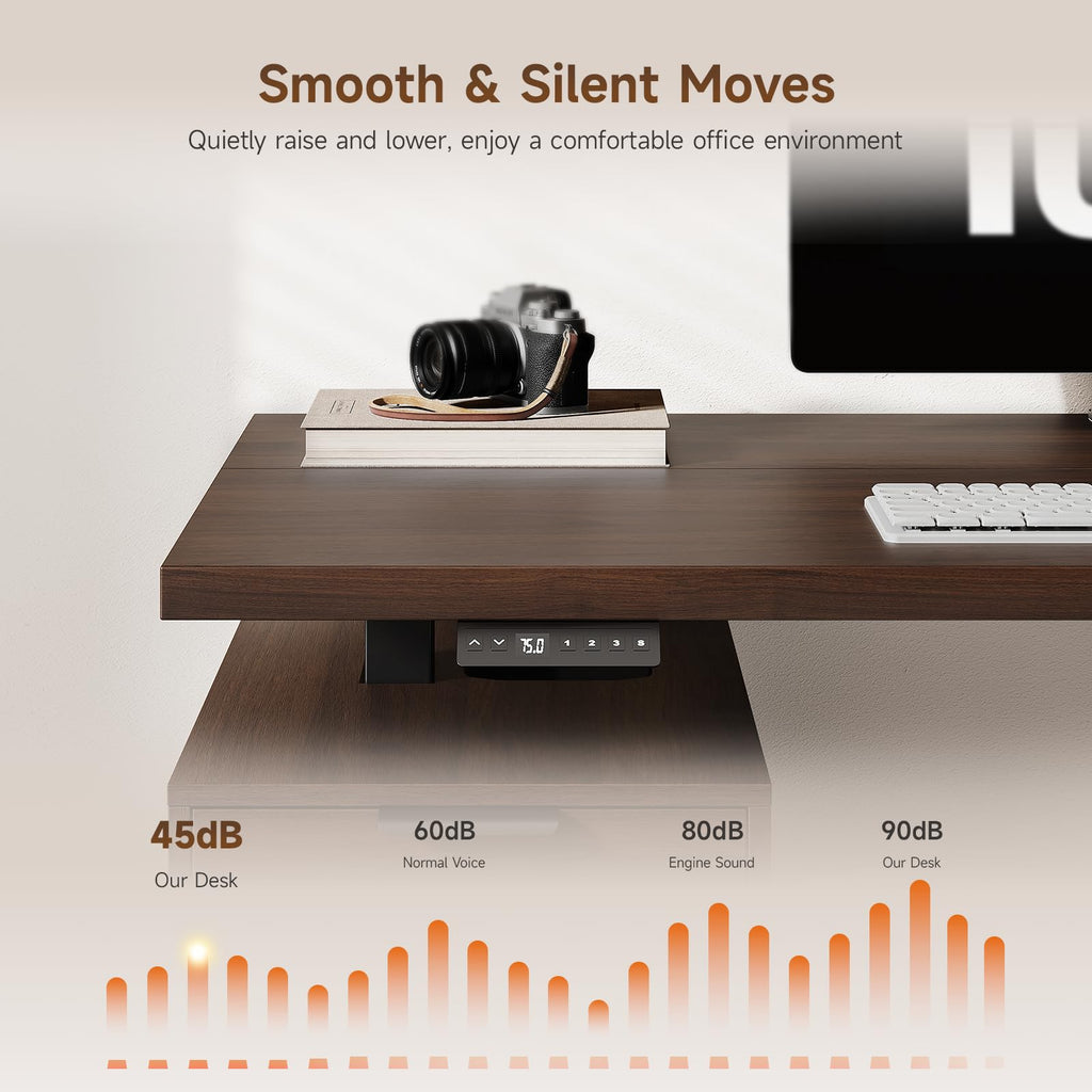 63" Electric Standing Desk with 6 Drawers, Storage Shelves, Walnut