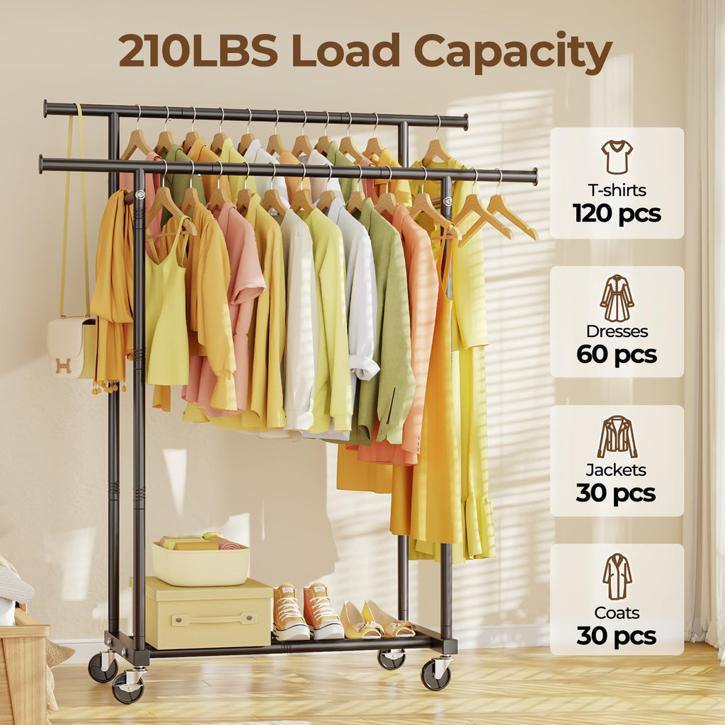 Double Rods Clothes Rack, Rolling Clothing Rack for Hanging Clothes Portable Wardrobe, Metal Garment Rack Sturdy Coat