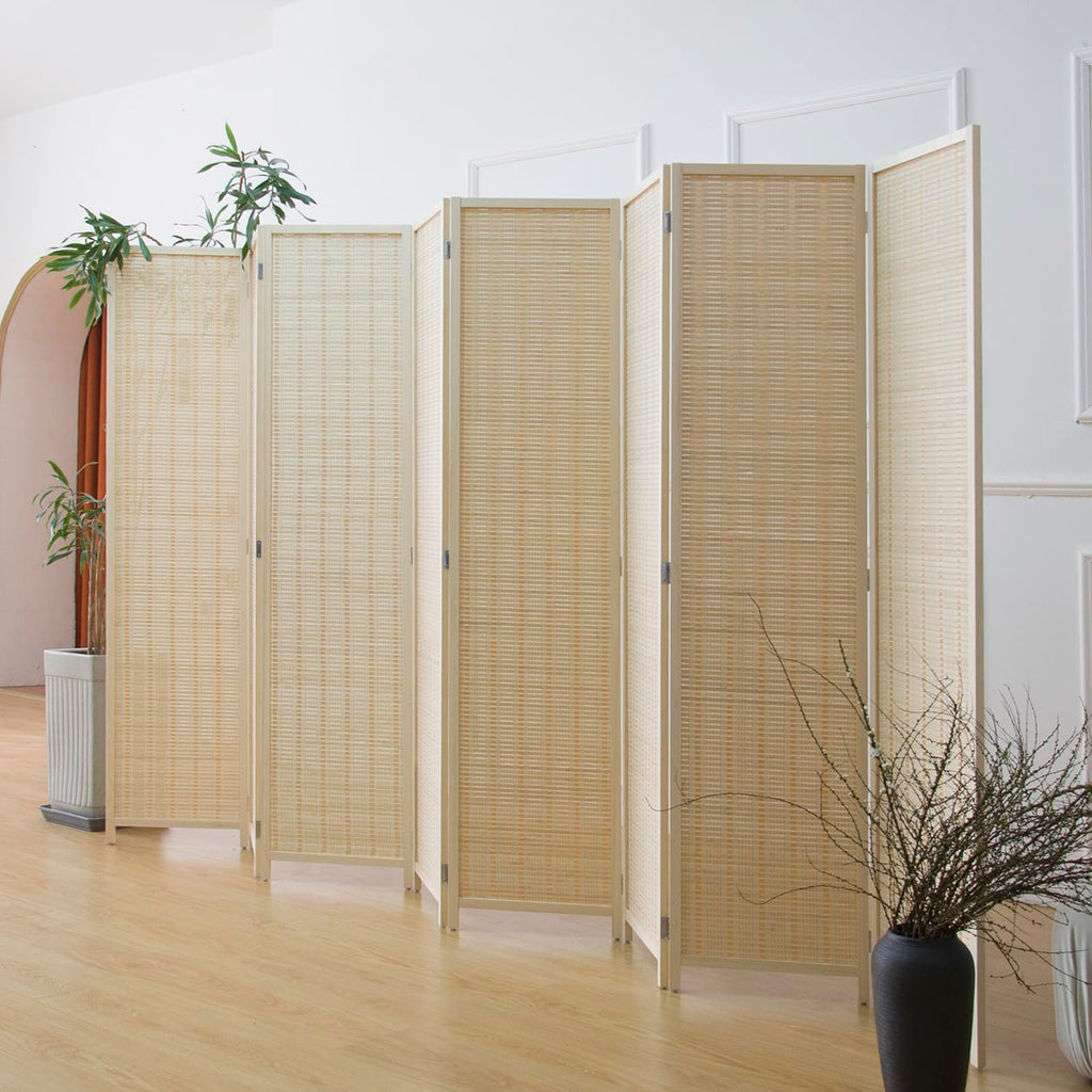 8 Panel Bamboo Room Divider - 5.6 ft Tall Folding Privacy Screen, Natural Beige Freestanding Partition Wall (67" x