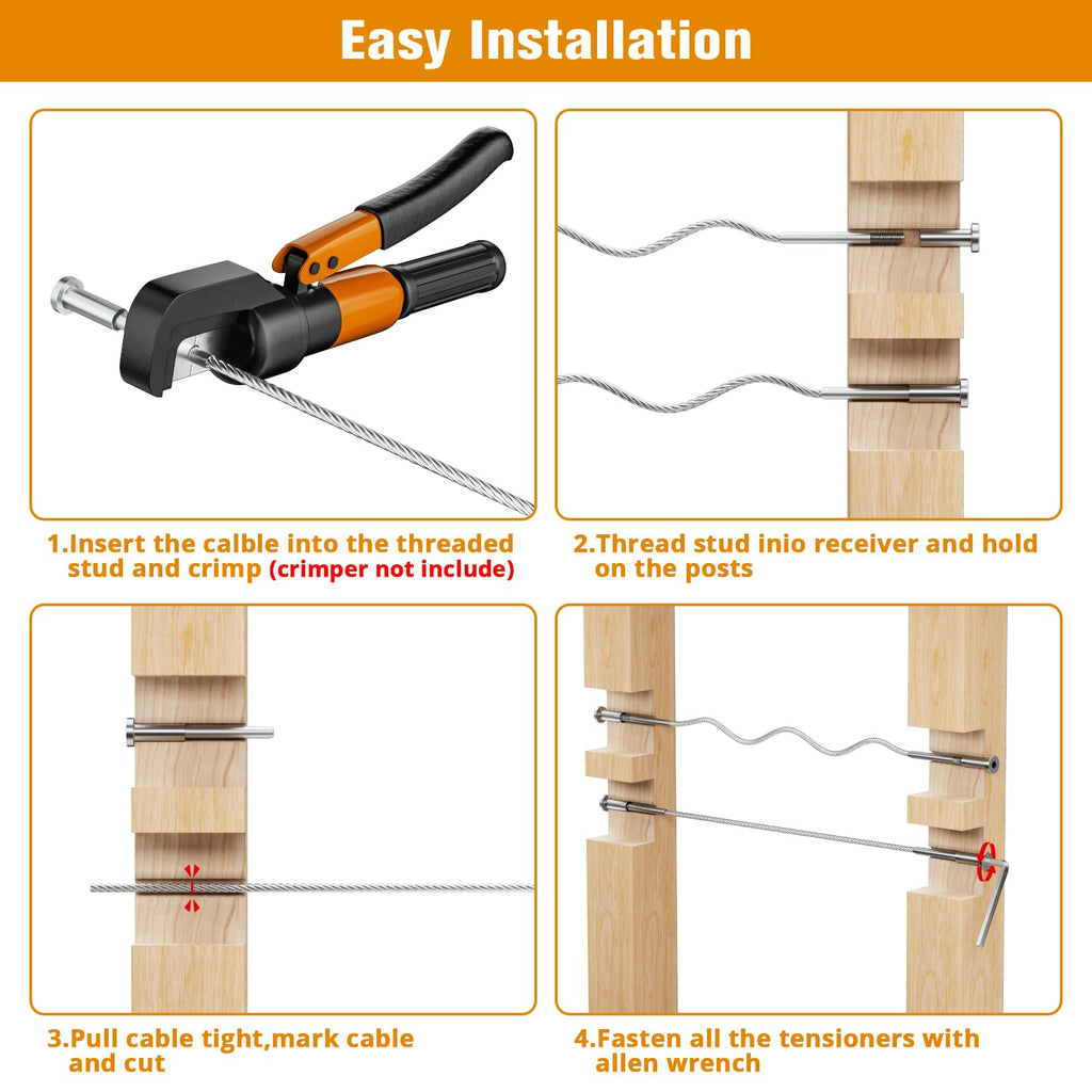 Invisible Cable Railing Kit - 50 Pack 1/8" T316 Stainless Steel Invisible Receiver Swage Stud End for 2"x2" Wood