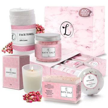 Spa Gift Set 100% Natural, Gift Box Includes: Bath Bomb, Bath Salt, Hand Soap, Scented Candle, Face Cloth and Gift