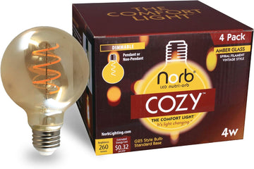 NorbCOZY G25 LED Bulb - Amber Glass 4W Spiral Filament Globe, 2700K Candlelight Glow, E26, Energy-Efficient Wellness