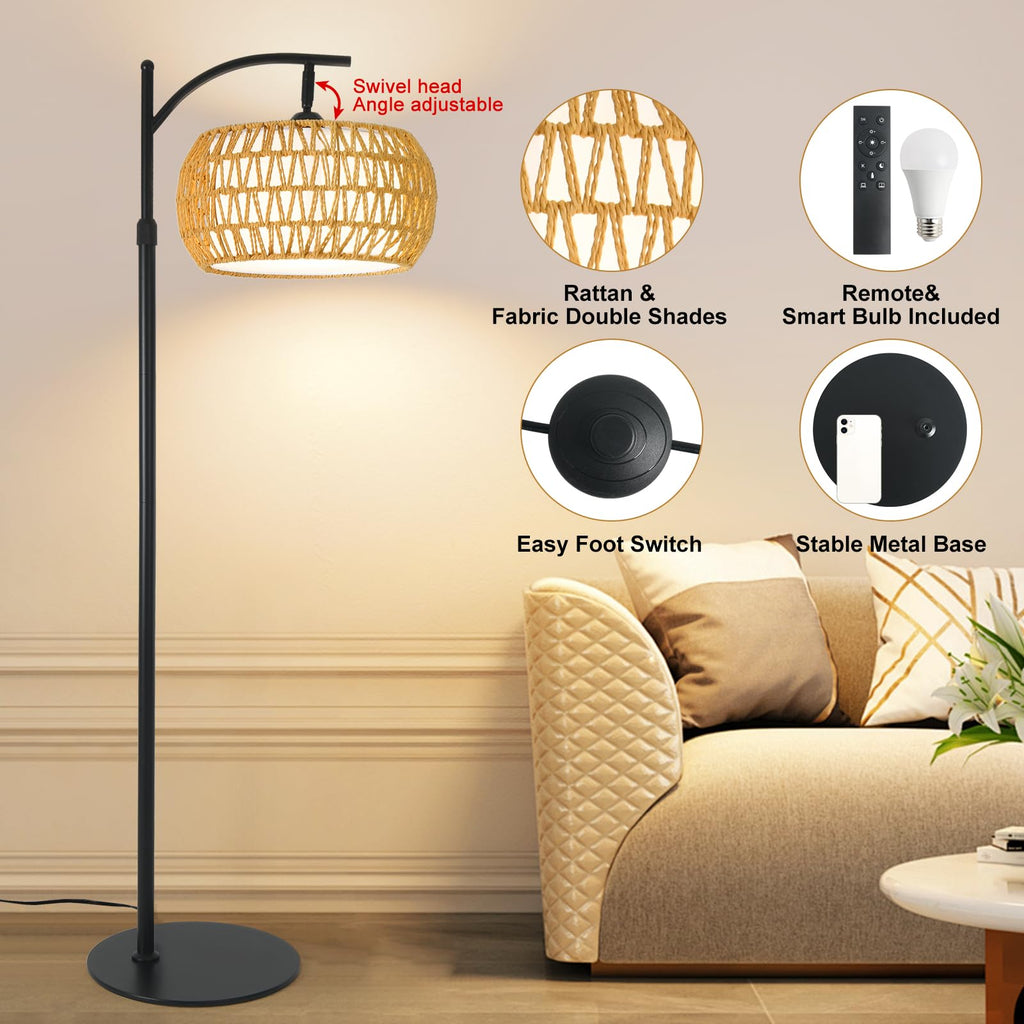 Black Boho Rattan Floor Lamp with Shade - Dimmable 12W LED, Remote & 3 Color Temps, Handwoven Arc Standing Light