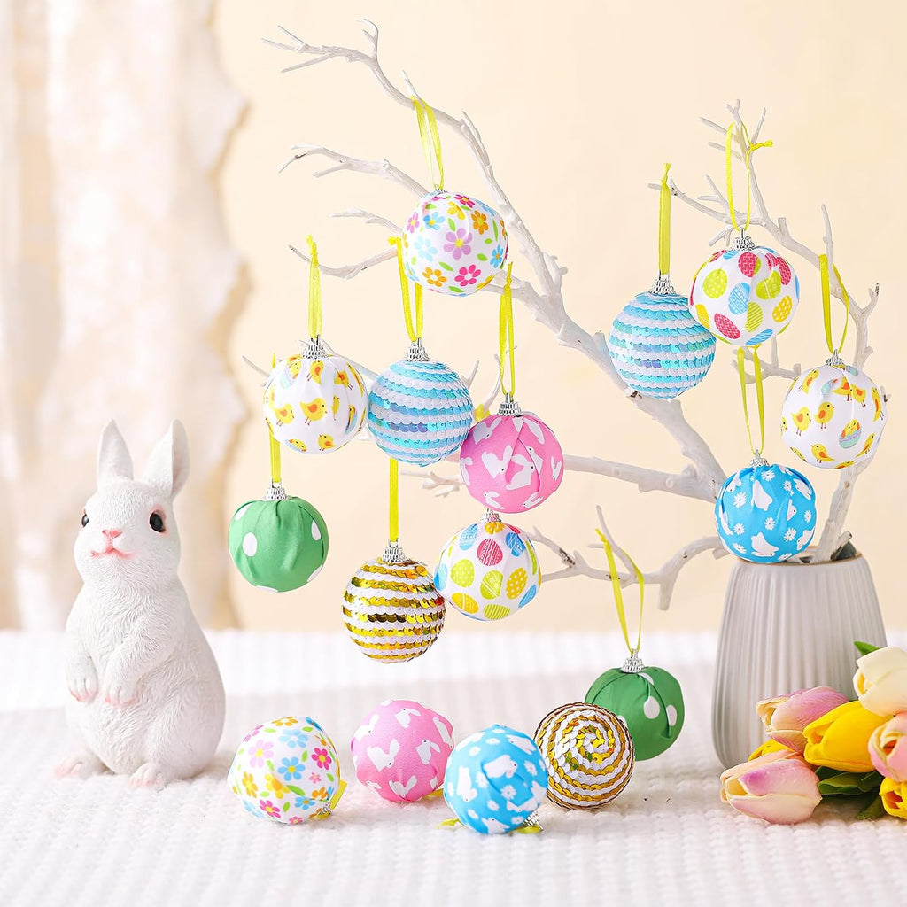 Easter Tree Ornaments for Small Tree Easter Egg Bunny Decorations Hanging Sequin Balls Ornaments Seasonal - Set of 16