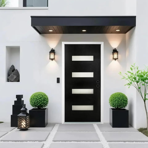 Fiberglass Entry Door Left Hand Inswing, 36 x 80, 4 Lite Frosted Glass 4-9/16 in. Vinyl Frame, Contemporary Style for