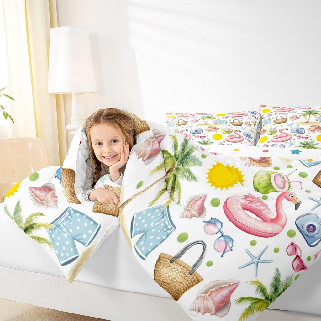 Hawaii Tropical Comforter Set, Summer Beach Palm Tree Coconut Starfish Coastal Bedding Set 3 Pcs for