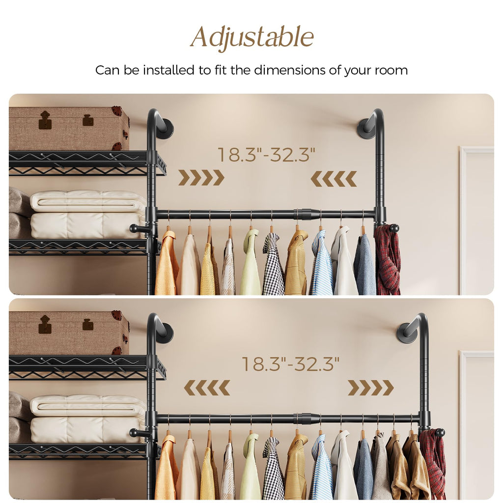 Closet Organizers Wall Mounted Closet System, 4-Row Heavy Duty Garment Clothes Rack, Industrial Pipe Clothing Rack