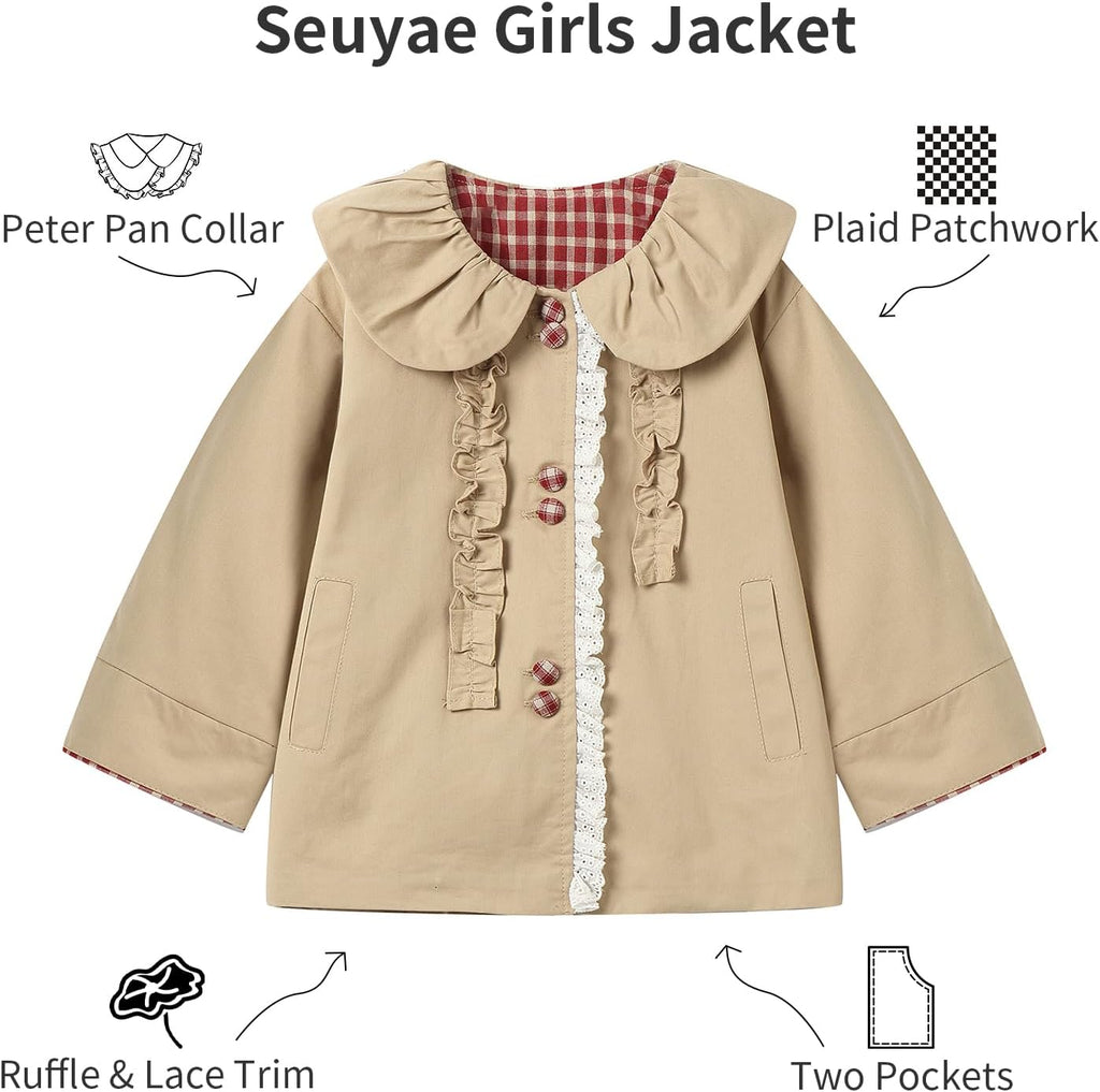 Girls Peter Pan Collar Jacket Plaid Accents Lace Ruffle Trim Button Jackets