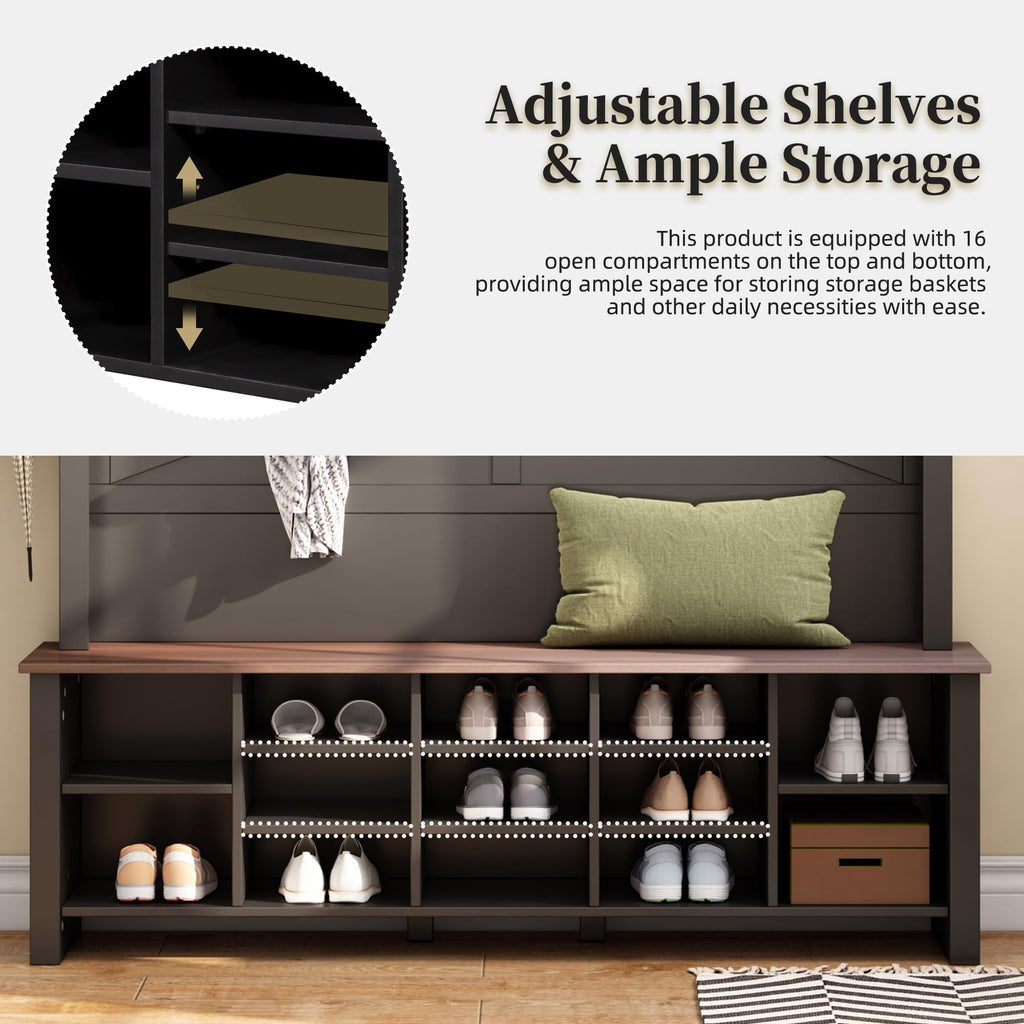 Wood Rustic Hall Tree Entryway Bench with 6 Hooks and Adjustable Shelves, Farmhouse Mudroom Versatile Coat Racks with