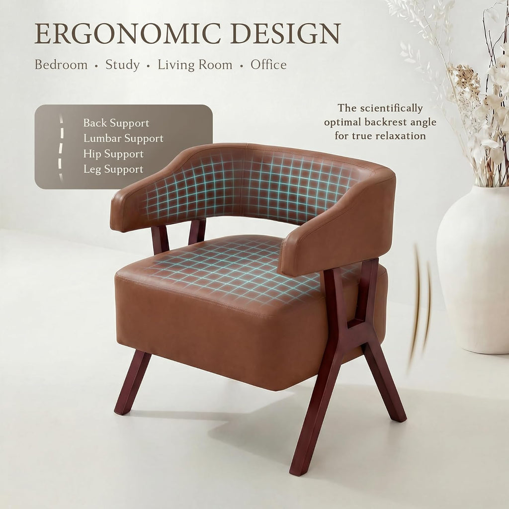 Faux Leather Barrel Accent Chair with Solid Wood Frame (Brown,1)