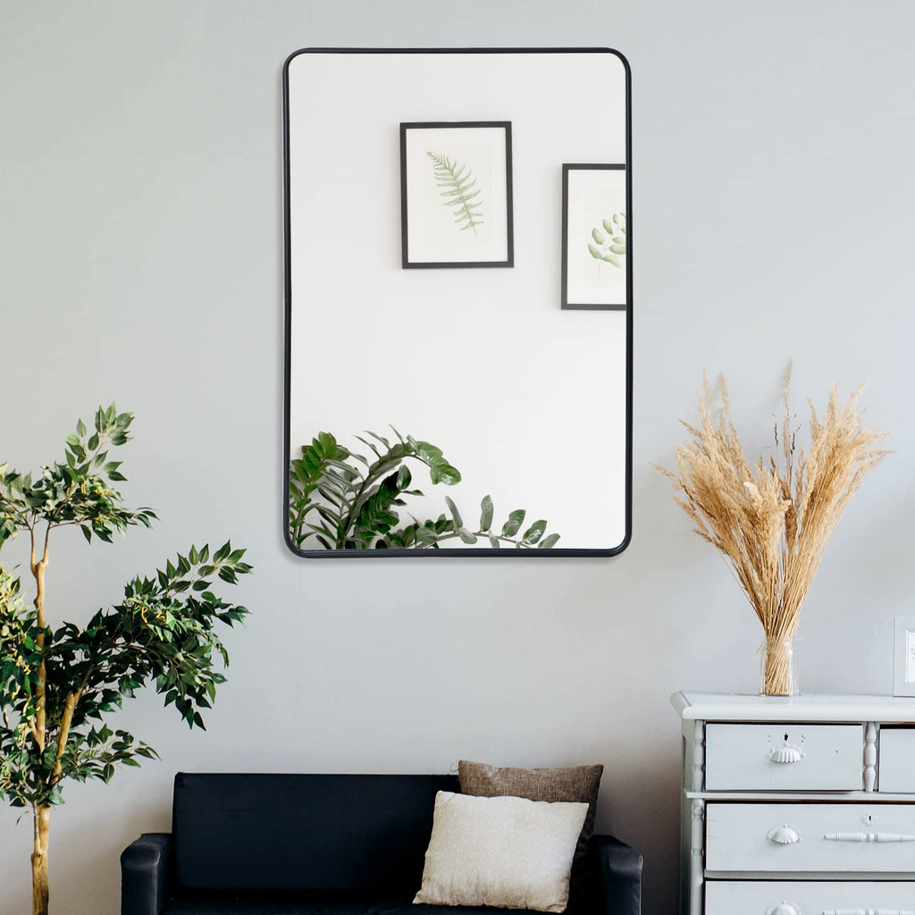 Black Metal Framed Rectangular Wall Mirror 24" x 36" Bathroom Mirror with Peaked Trim s, Living Rooms, Bathrooms
