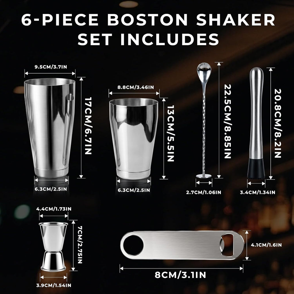 Boston Cocktail Shaker Set 6-Piece Stainless Steel Bartender Kit - Set of 6