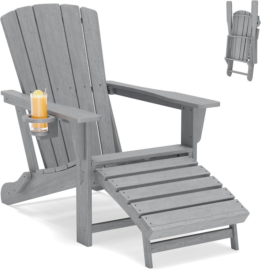 Folding Adirondack Chair with Retractable Ottoman,HDPE Outdoor Adirondack Chair with Cup Holder,All-Weather Lounge