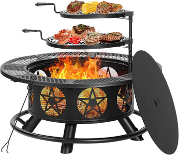 36 Inch Fire Pit with 2 Grills, Wood Burning Fire Pits for Outside with Lid & Poker