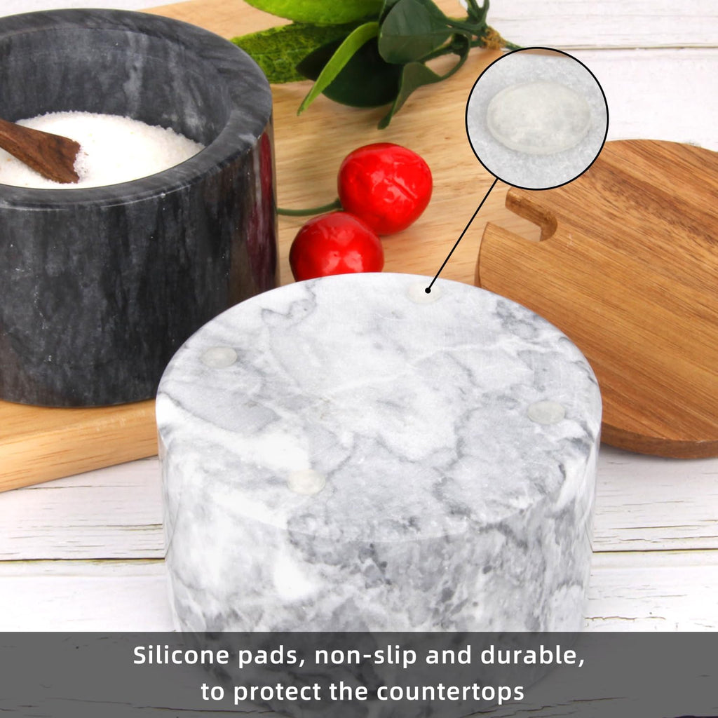 Marble Salt Cellar Box with Wood Lid & Spoon, Light Grey Bowl - Set of 3