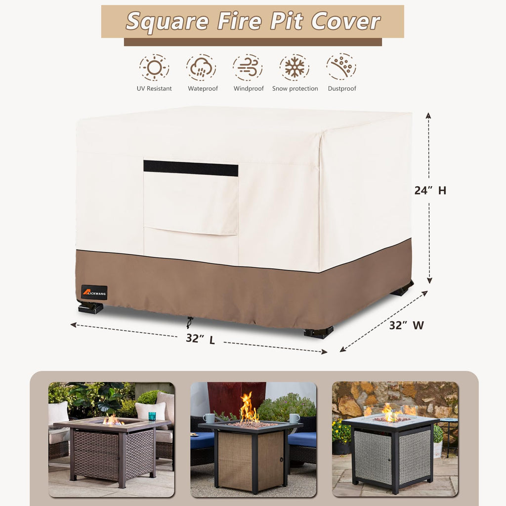 Fire Pit Cover Square, Outdoor Heavy Duty Durable 600D 100% Waterproof Tear-Resistant 30-32 Inch Fire Pit Cover