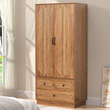 Armoire Wardrobe Closet with Doors, Wardrobe Cabinet with 3 Drawers, Wooden Large Clothing Storage Cabinet with