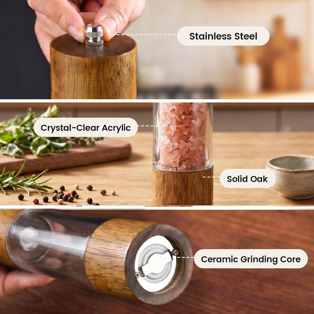 Wooden Salt and Pepper Grinder Set, Manual Salt and Pepper Mills, Wooden Shakers with Adjustable Coarseness