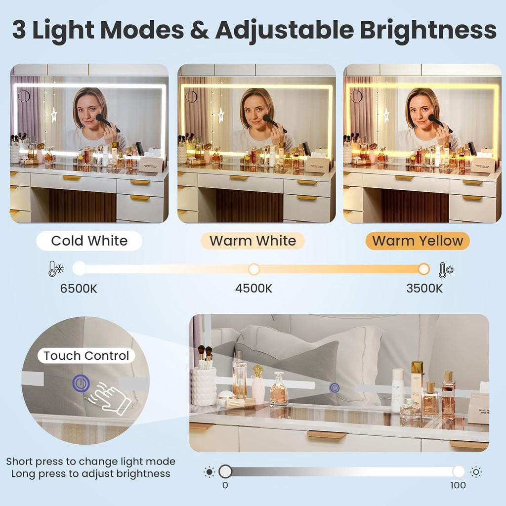 Glass Top Vanity Desk with Mirror and Lights, 11 Drawers Makeup Vanity with Charging Station, Golden Handles Dressing