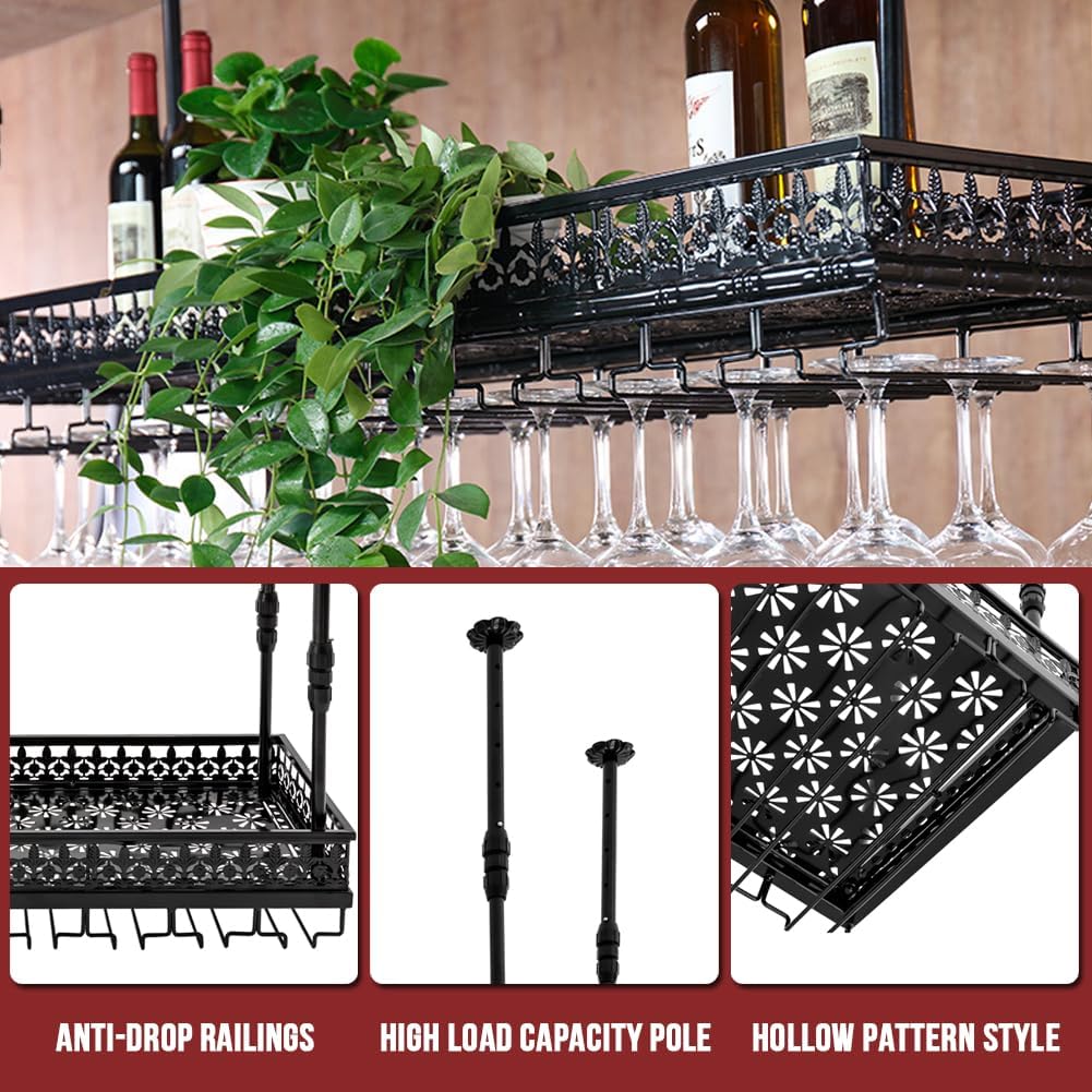 Hanging Wine Rack with Glass Holder, Ceiling Wine Glass Rack 13.78-21.65 inch Height Adjustable Industrial Hanging