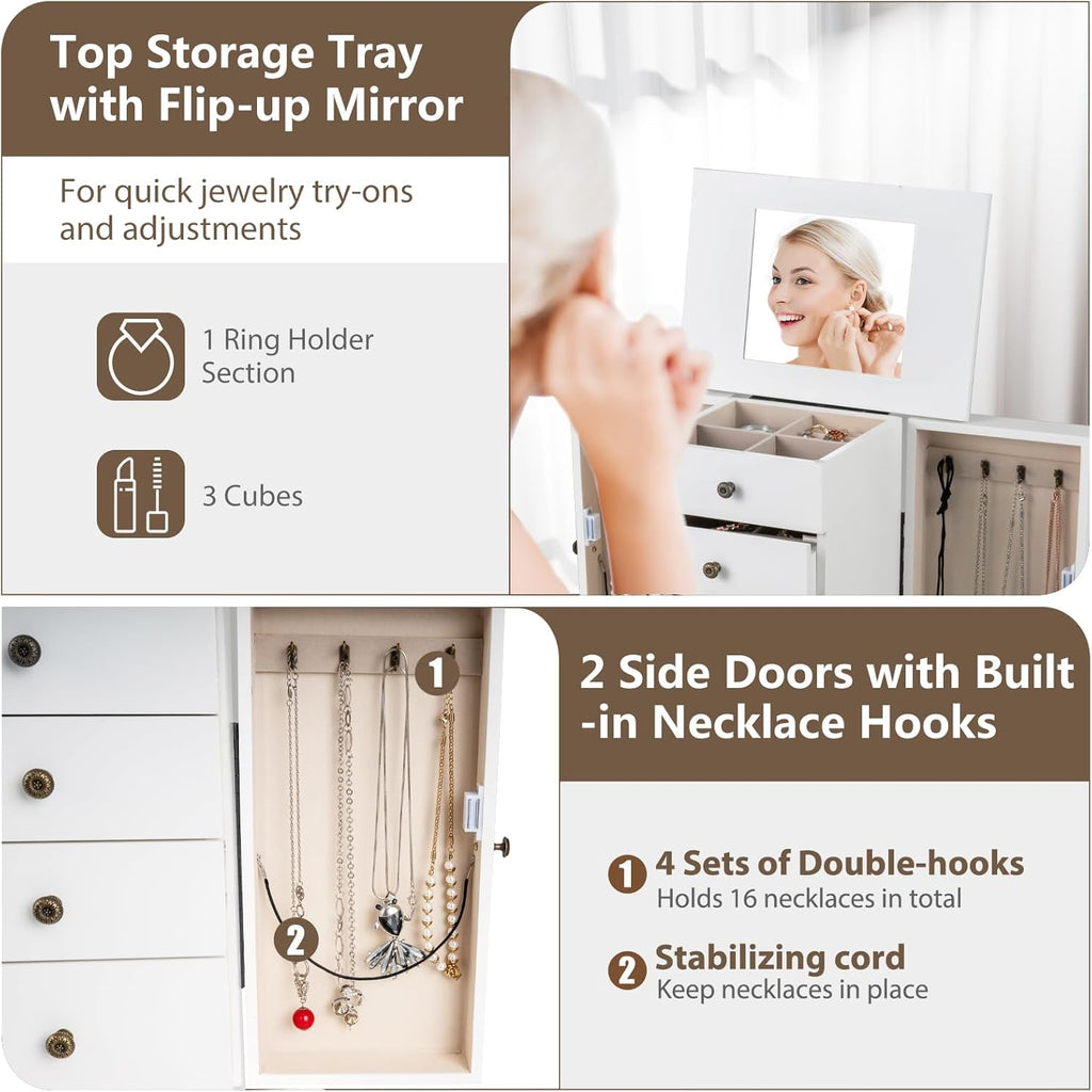Standing Jewelry Armoire Cabinet with 4 Drawers, Flip Top Mirror, Top Storage Compartments, 2 Side Doors with 8