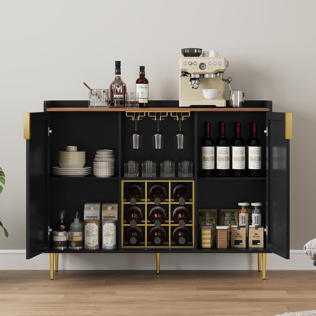 48" Wine Bar Cabinet with Fluted Texture, Buffet Sideboard, Black | Modern Storage Cabinet with Wine Rack & Glass