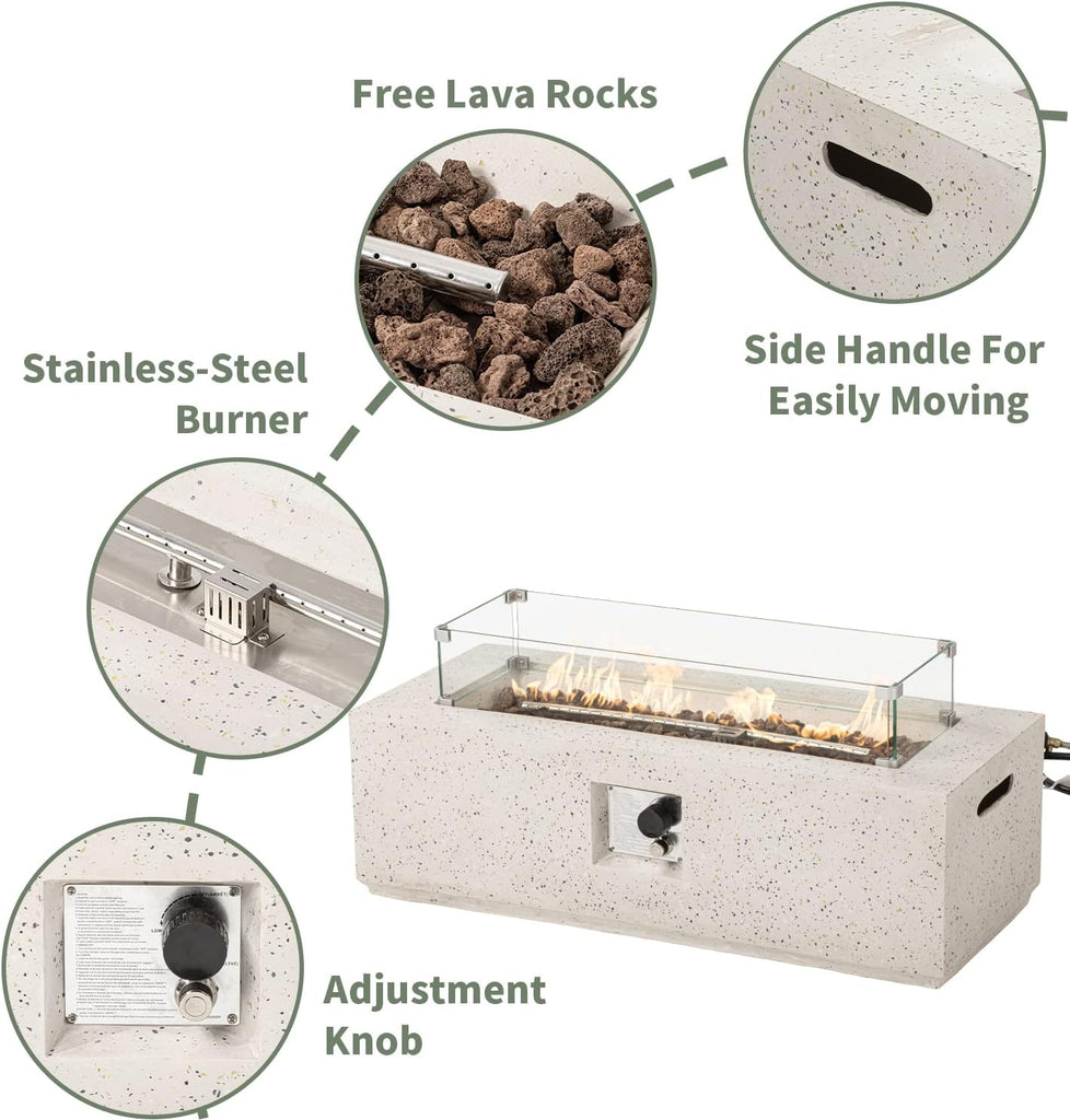 Outdoor Propane Fire Pit Coffee Table, 42-inch x 13-inch Terrazzo Rectangle Base Patio Heater w Certified