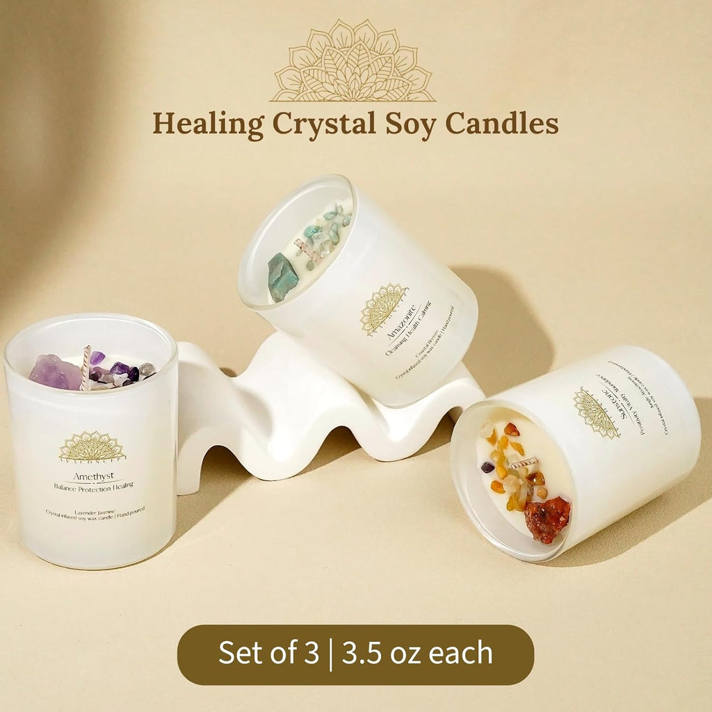 Healing Crystal Candle Gift Set Amethyst, Amazonite & Sunstone Hand-Poured Soy Wax Lavender - Set of 3