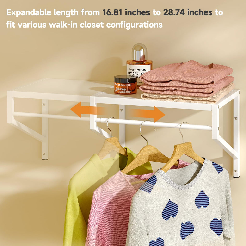 Expandable Closet Shelves Wall Mounted, 2 Pack Closet Shelving with Hanging Rods, Wall Shelving for Walk-in Closet
