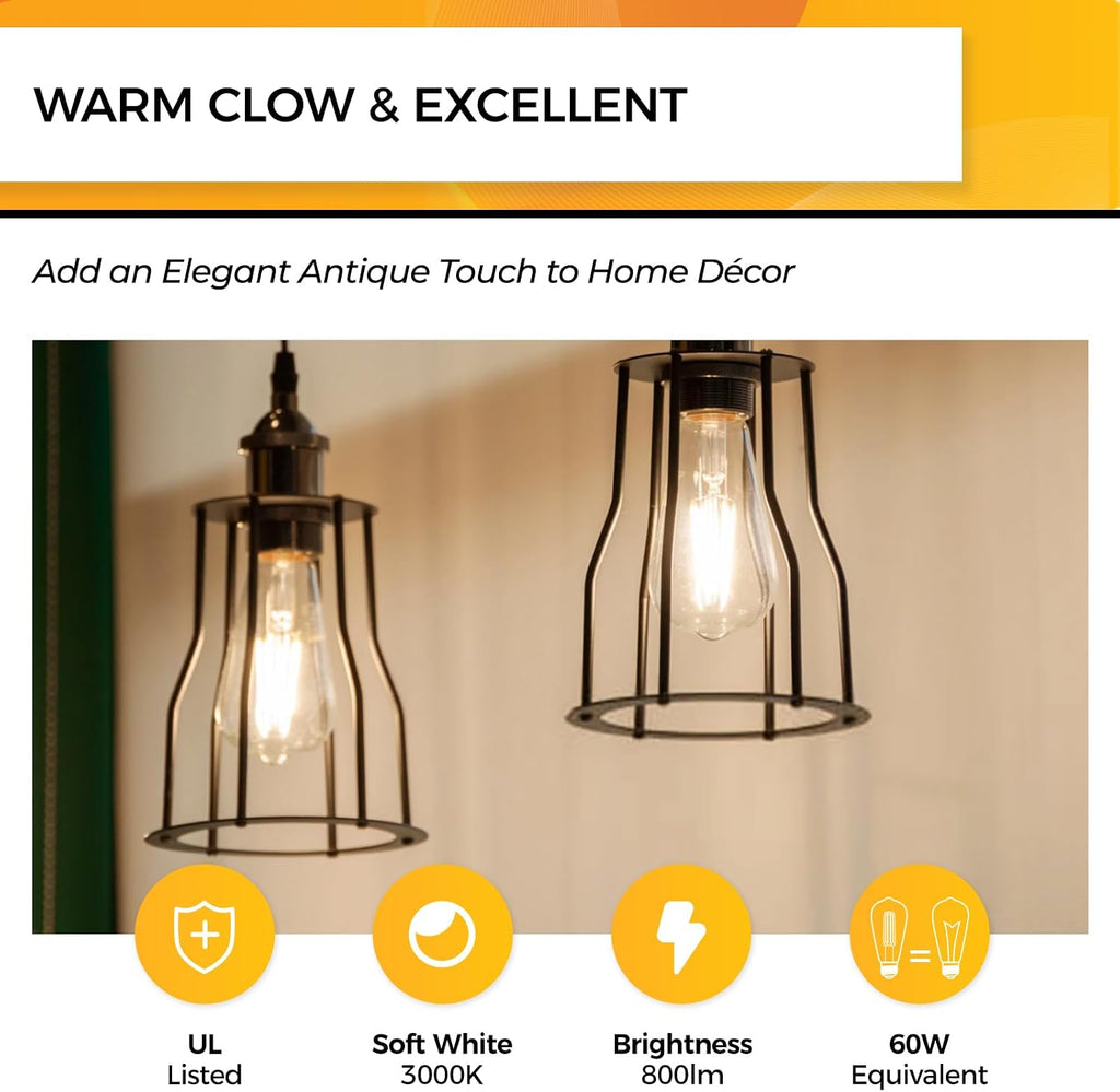 Edison Bulbs Non-Dimmable, E26 LED Bulb 60W Eq, 800ML 3000K