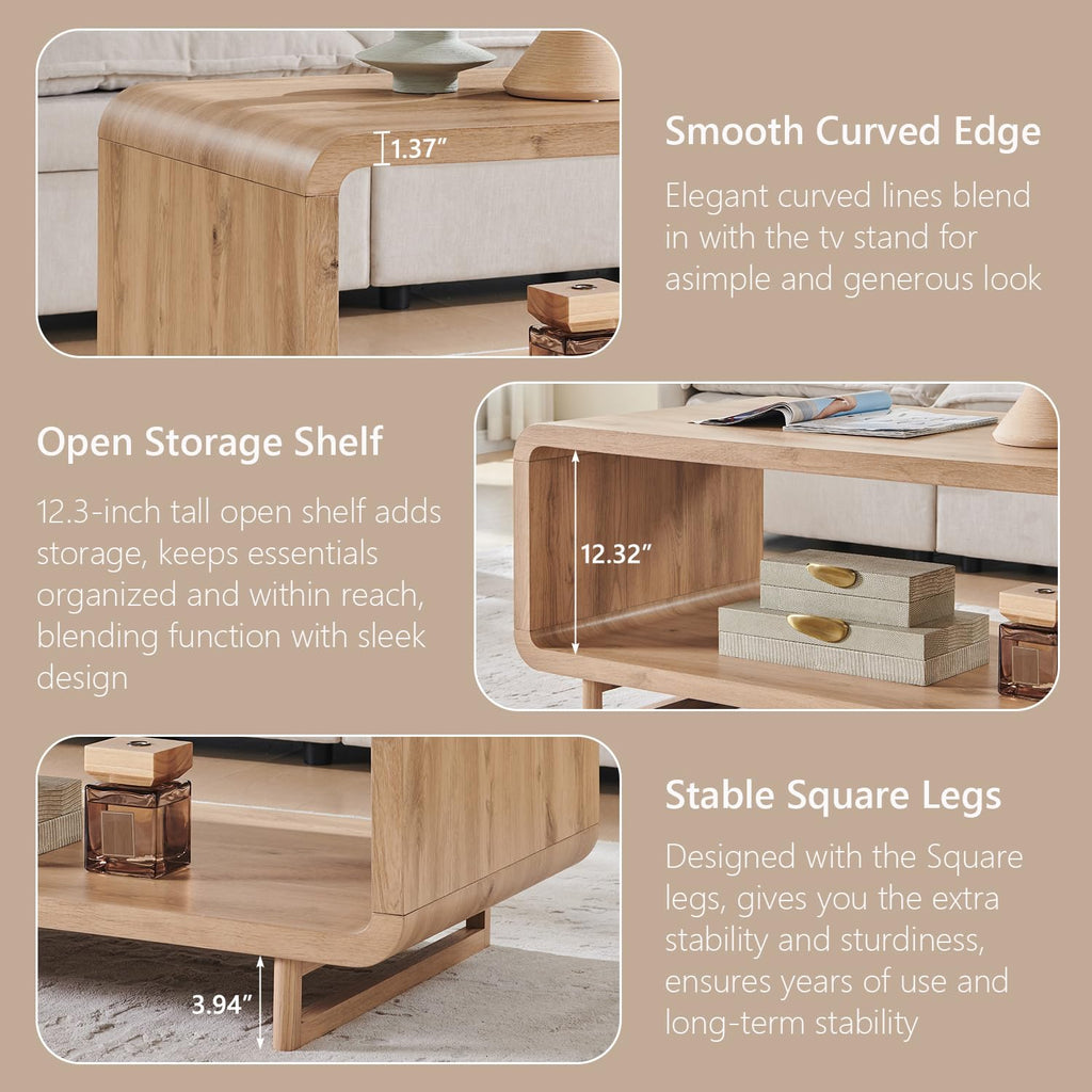 48" Modern Coffee Table, 2-Tier Curved Center Table, Natural Oak