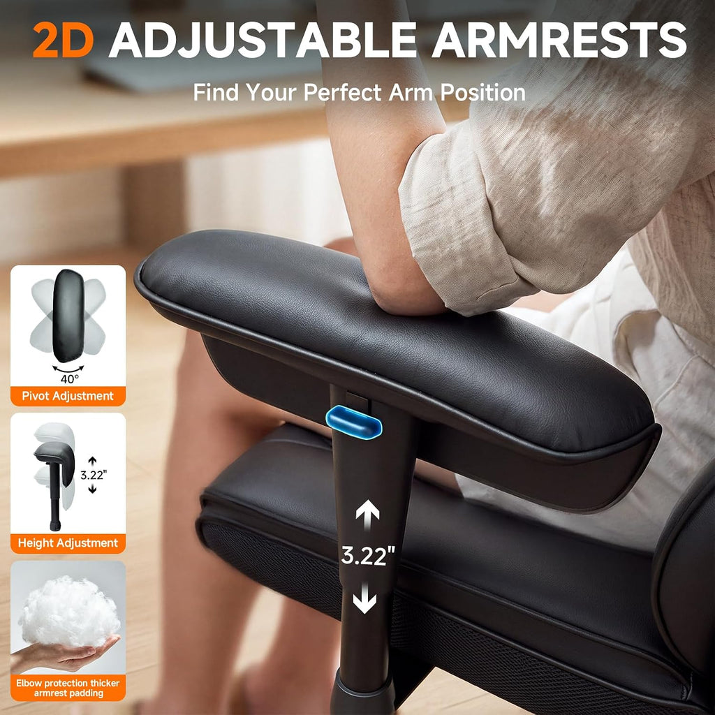 Leather Big and Tall Office Gaming Chair with Footrest Ergo Lumbar Support | 135°Reclining Adjustable Recline | Back