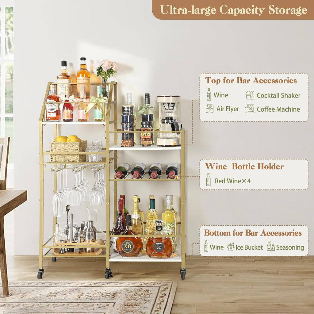 Gold Bar Cart With Wine Glass Holder, Stand , Small Mini Bar for Whiskey Wine, Liquor Cart, Alcohol Cabinet