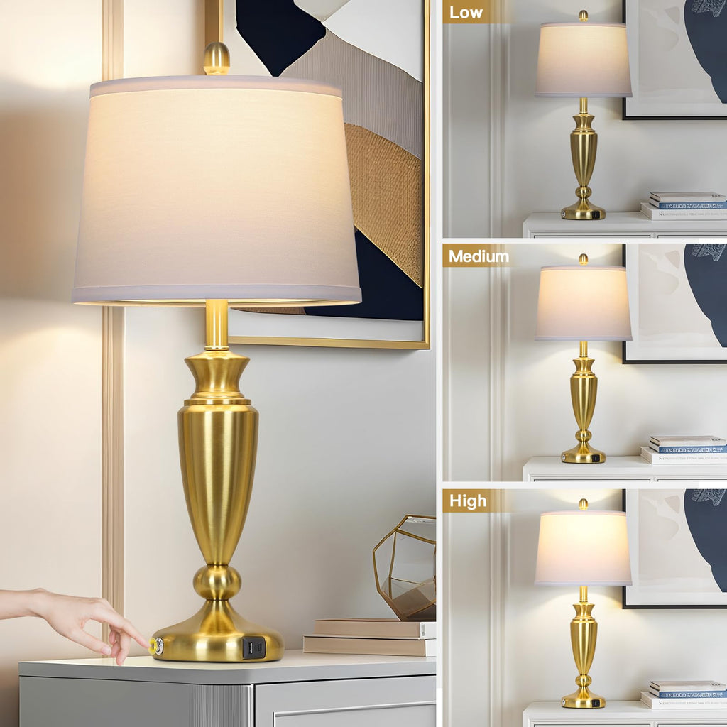 27" Gold Table Lamp Single, Touch Control Modern Bedroom Lamp with USB A+C Ports, 3-Way Metal Bedside Lamp, Elegant