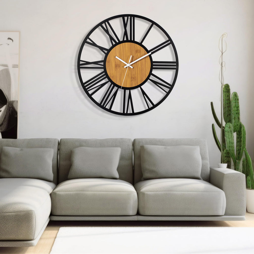 40" Large Display Wall Clock Decor - Silent, Battery Operated, Black Metal, Modern, Rustic Wood Clocks