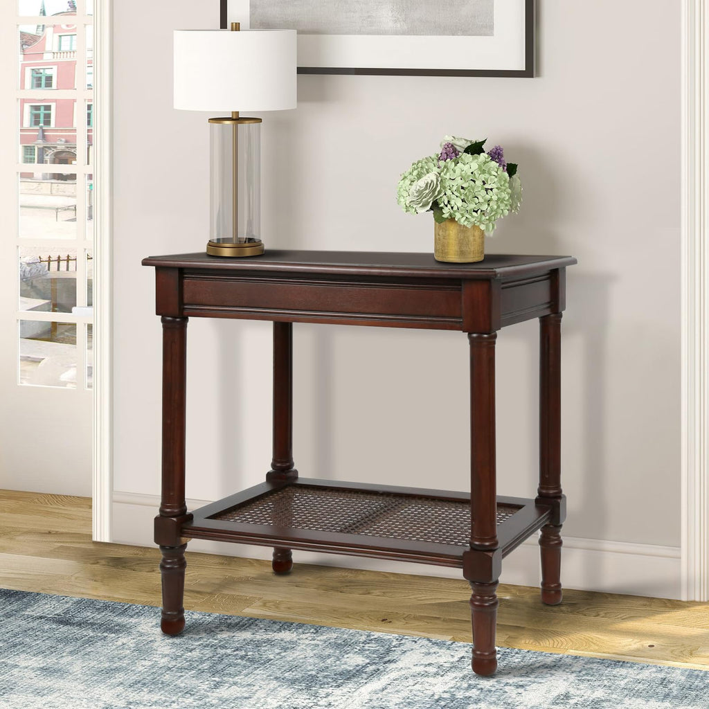 Jamestown Side Table with Rattan Shelf, Cherry