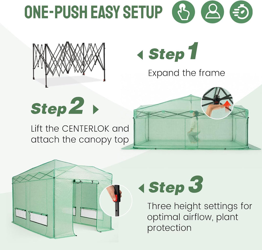 12X8 Pop Up Outdoor Walk-in Portable Greenhouse,Green | Patented CenterLock One Push Instant Greenhouses, Heavy Duty