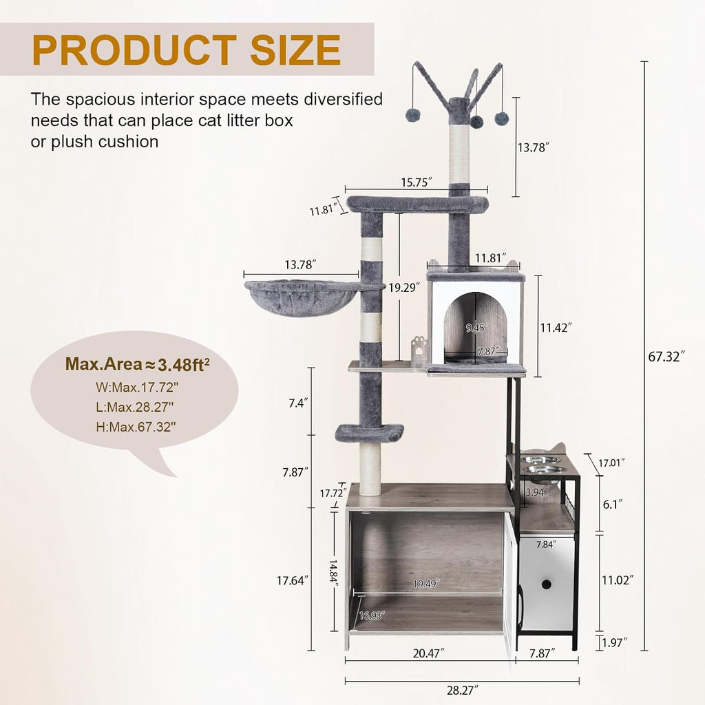 Cat Tree with Litter Box Enclosure, 3-in-1 Modern Cat Tower for Indoor Cats, 67.32'' Hidden Cat Litter Box Furniture