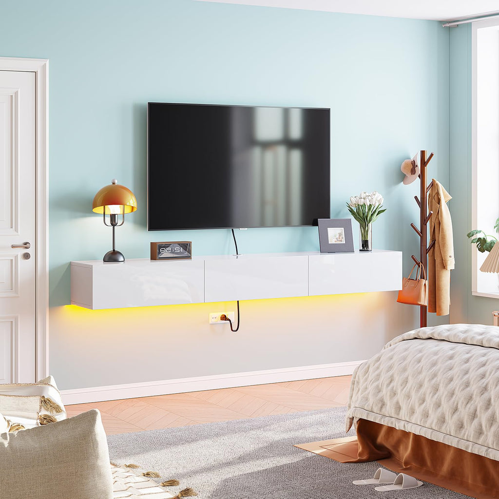 55'' Floating TV Stand, High Gloss Wall Mounted TV Console, White
