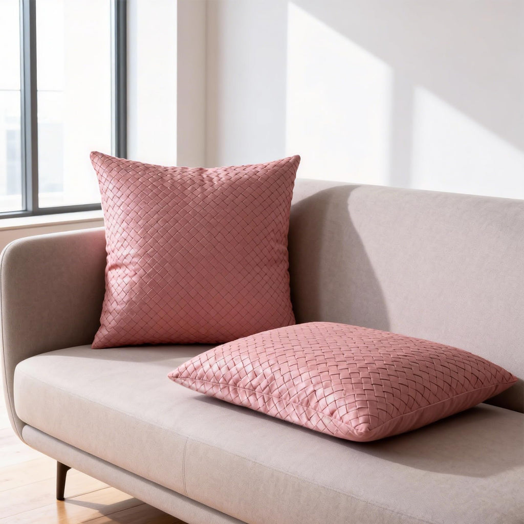 Faux Leather Throw Pillow Cover 18X18 Inch Set of 2 Woven Pink Outdoor Modern Farmhouse Solid Decorative Pillow