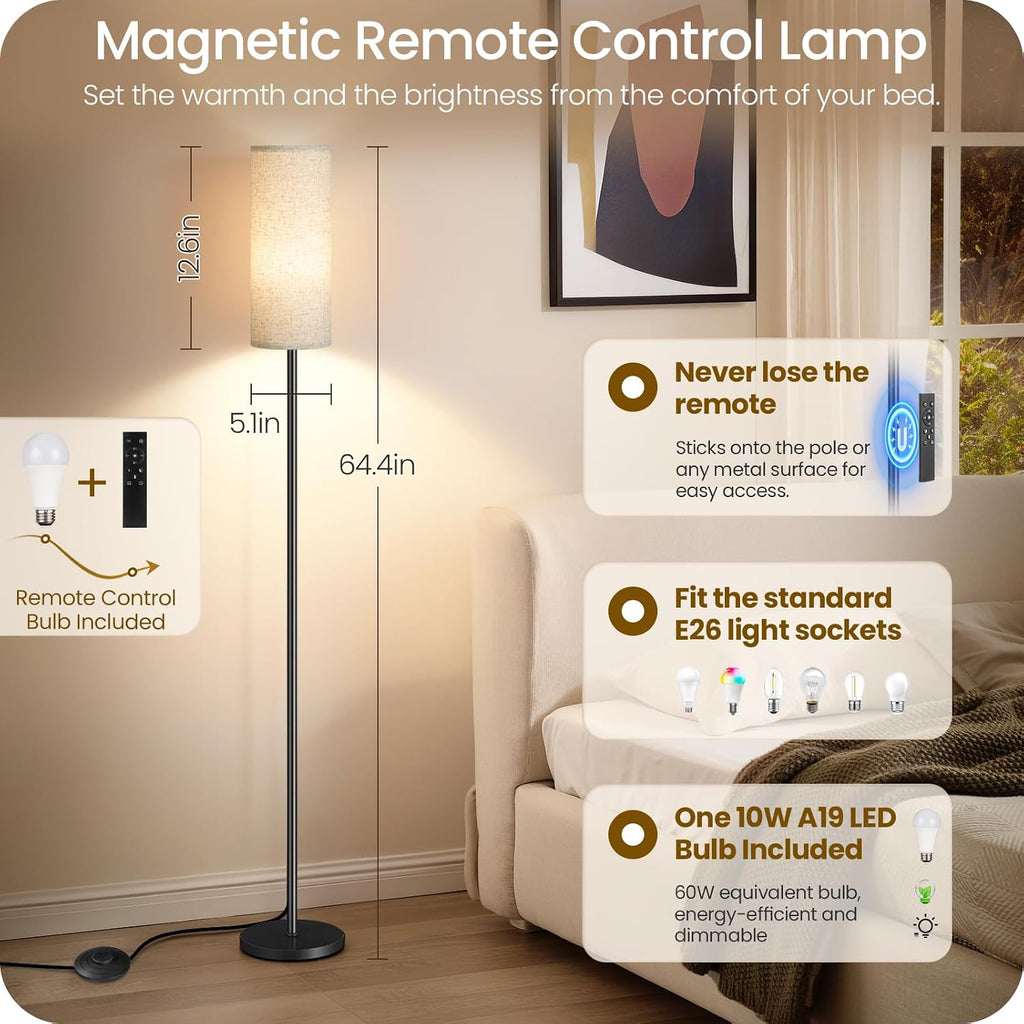 64.4" Slim Floor Lamp with Magnetic Remote and Foot Switch, Dimmable Standing Tall Lamp Mood Nursery, 3 Color