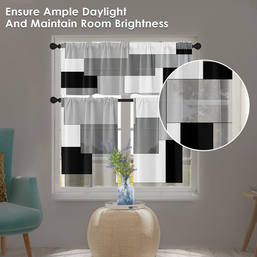 Black White Gray Kitchen Window Curtains Valance and Tier Set 36 Inch, Dark Grey Modern Geometric Rod Pocket Short