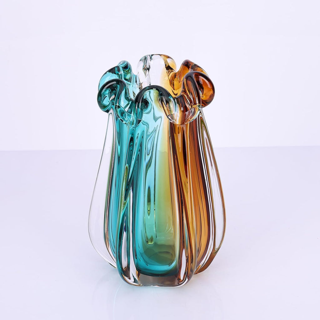 Hand Blown Glass Vase, Murano-Style Colorful Art Glass Centerpiece, Heavy Large Wide Mouth Ruffle Rim, Teal Turquoise
