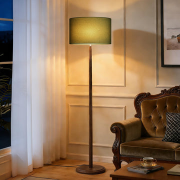61" Walnut Wood Floor Lamp with Linen Drum Shade, E26 Base, UL listed