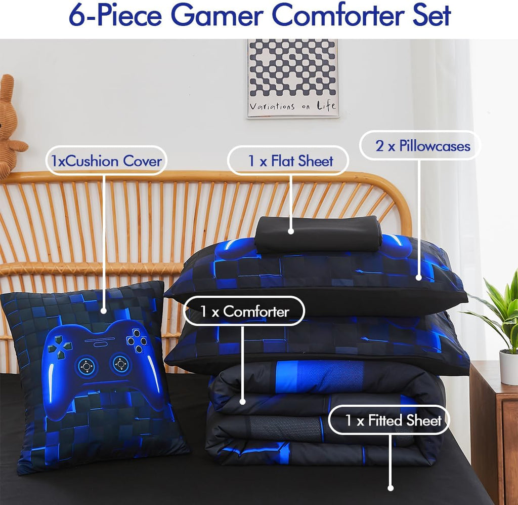 Twin Bed in A Bag 6 Pieces Gaming Bedding Set for Boys Blue Gamer Comforter with Sheet Set for Kids Teen Cool Video