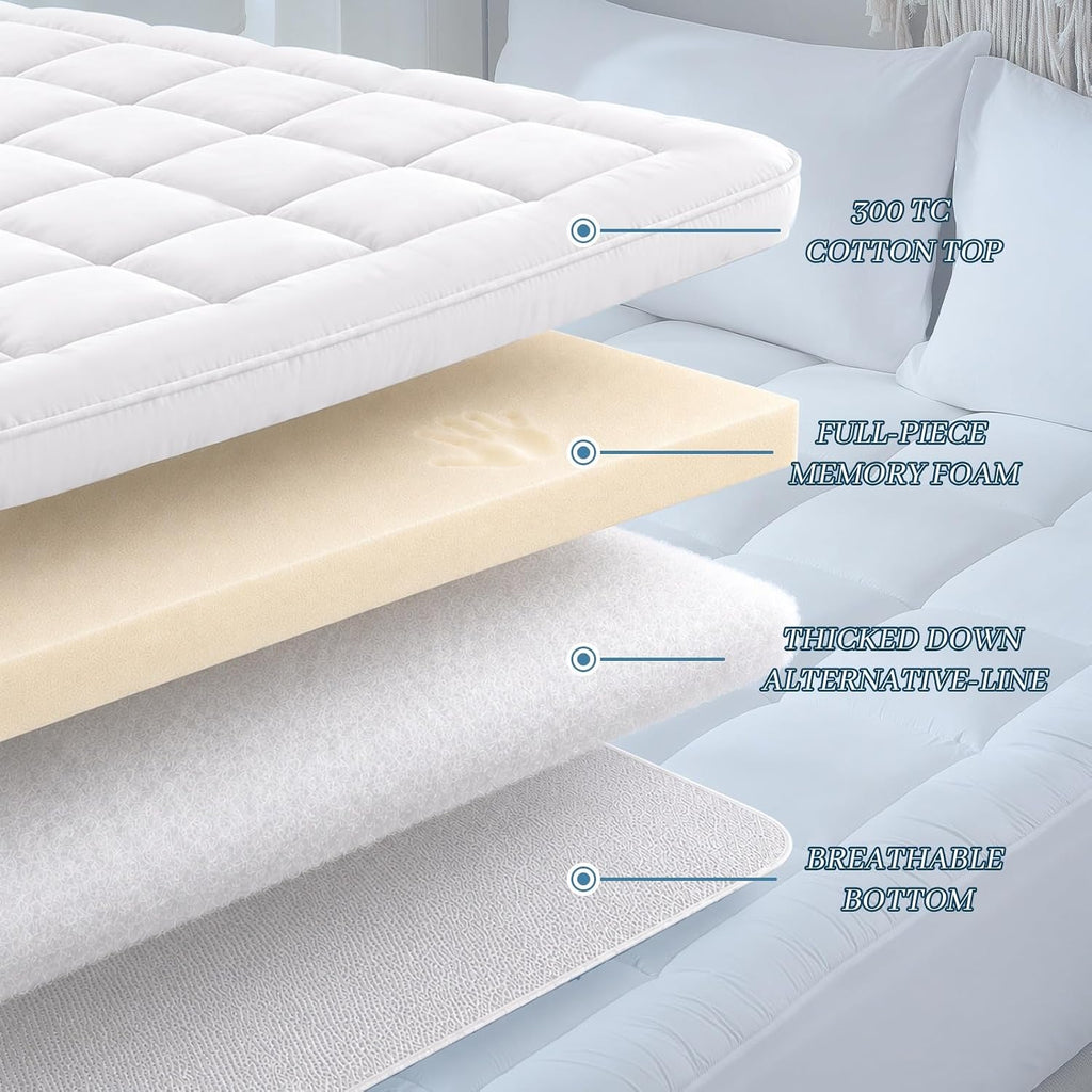 Cotton Top Mattress Topper Full Size, with Memory Foam Layer | Pillow Top Mattress Pad for Back Pain Relief, Mattress